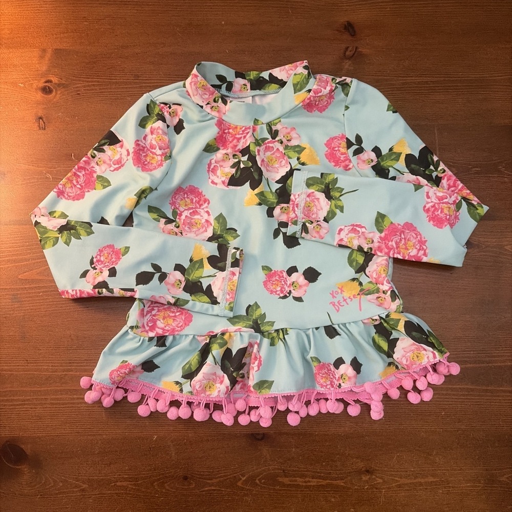 Betsey Johnson Size 6 Swim Rash Guard Floral Cottagecore Pink Pom Poms Girly